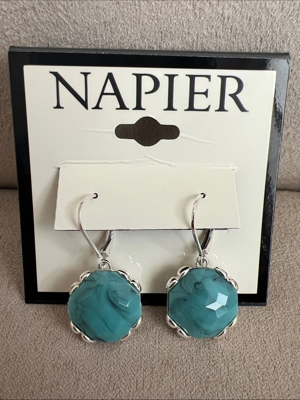 NWT Napier Silver-Toned Teal Faceted Drop Earrings